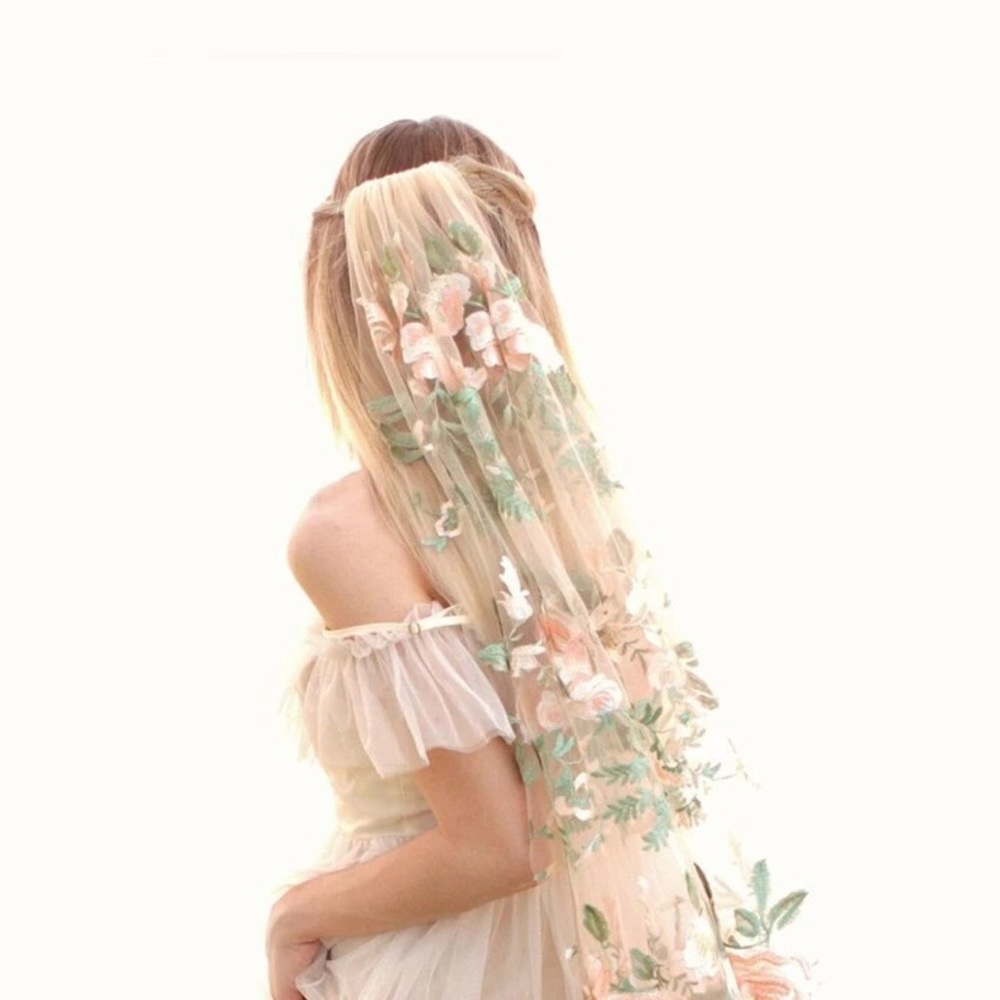 Embroidered Veil - Pink Rose on White Tulle - 118inches